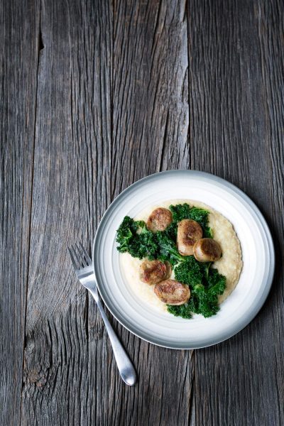 Sausage with kale and creamy polenta