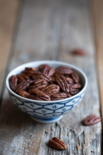 Candied pecans in a bowl
