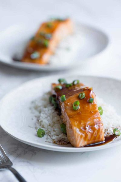 A photo of salmon teriyaki, made with homemade teriyaki sauce.