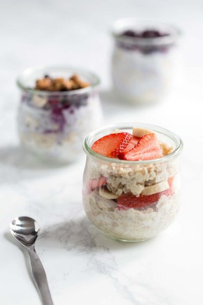 Overnight oats with a variety of toppings.