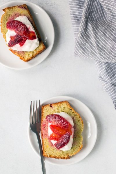 Beautiful blood orange olive oil cake, photographed from above