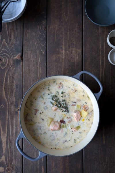 Salmon chowder in a dutch oven.