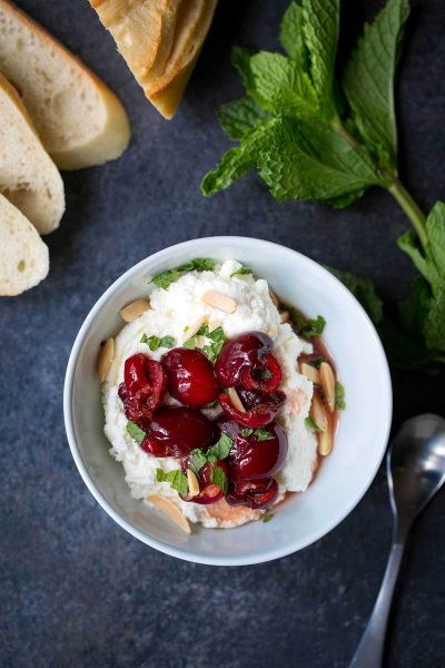 Macerated Cherries Recipe with Ricotta, Mint, and Almonds