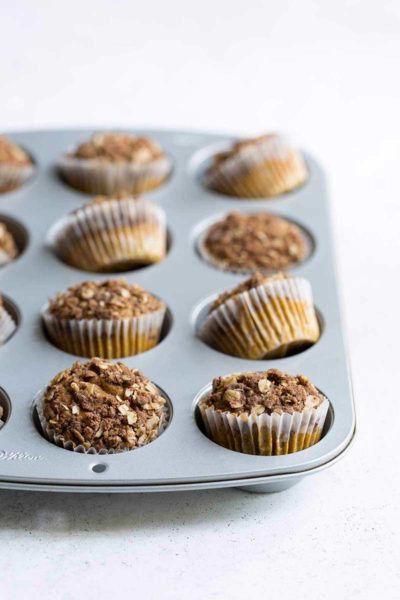 Pumpkin muffins topped with crunchy spiced streusel topping