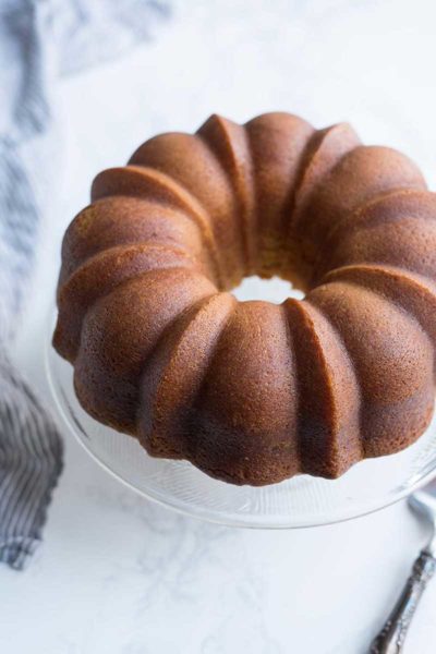 Bacardi rum cake on a cake stand