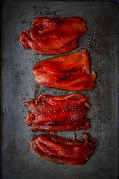 Roasted Red Peppers on a sheet pan