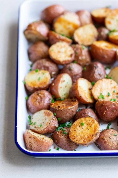 Oven-roasted potatoes recipe on a sheet pan