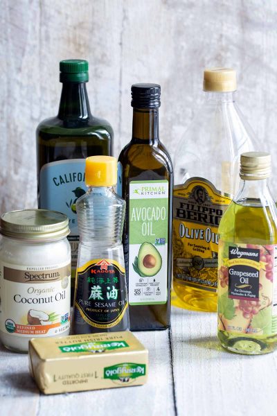 Various cooking oils and fats with different smoke points