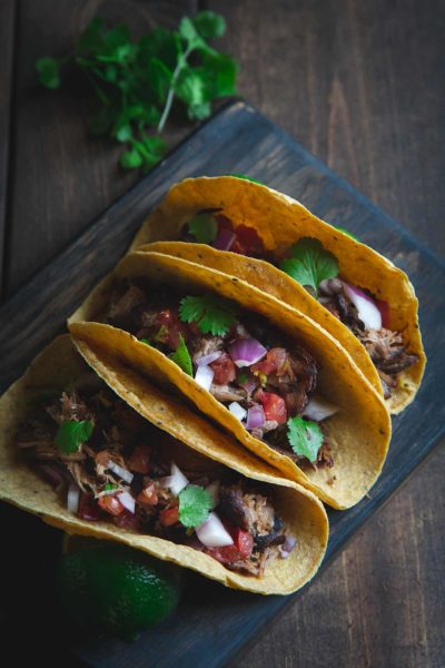 Mexican Pulled Pork Carnitas in corn tortillas