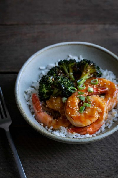 sheet pan honey garlic shrimp recipe in a bowl