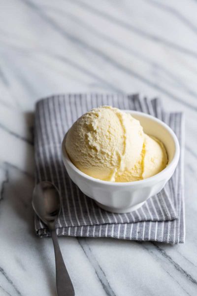 Homemade olive oil recipe ice cream in a bowl