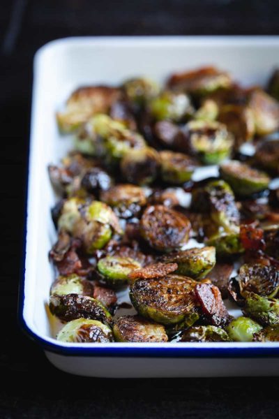 balsamic bacon Brussel sprouts in square serving pan